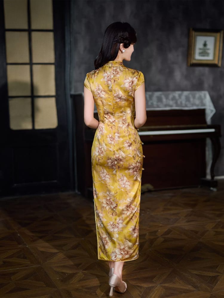 Beth and Brian Qipao-XLY Piper Golden Floral Real Silk Long Maxi Cheongsam With Cap Sleeves