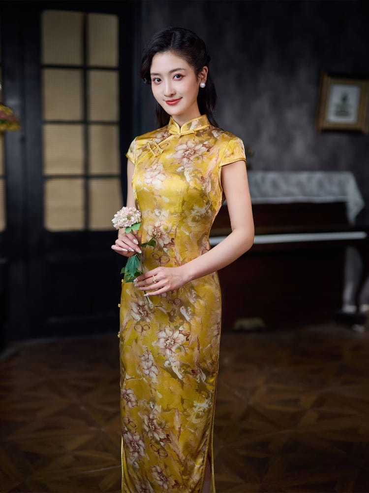 Beth and Brian Qipao-XLY Piper Golden Floral Real Silk Long Maxi Cheongsam With Cap Sleeves