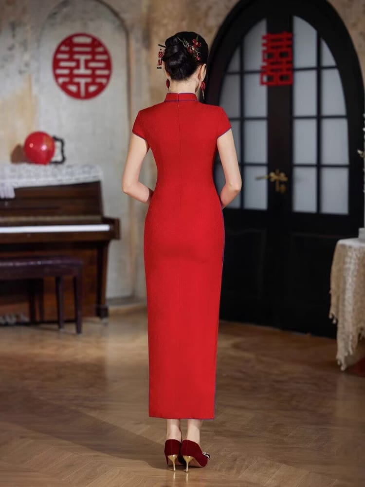 Beth and Brian Qipao-XLY Blair Red Jacquard‑Satin Maxi Bridal Cheongsam with Cap Sleeves
