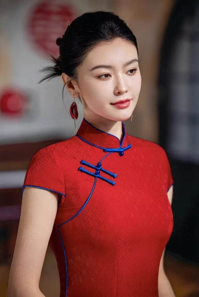 Beth and Brian Qipao-XLY Blair Red Jacquard‑Satin Maxi Bridal Cheongsam with Cap Sleeves