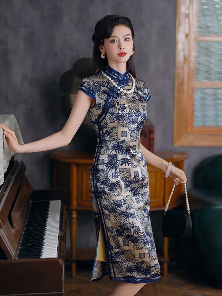 Beth and Brian Qipao-XLY Blake Blue Bamboo Geometric Pattern, High end, 19 Mome Mulberry Silk Midi Qipao Dress