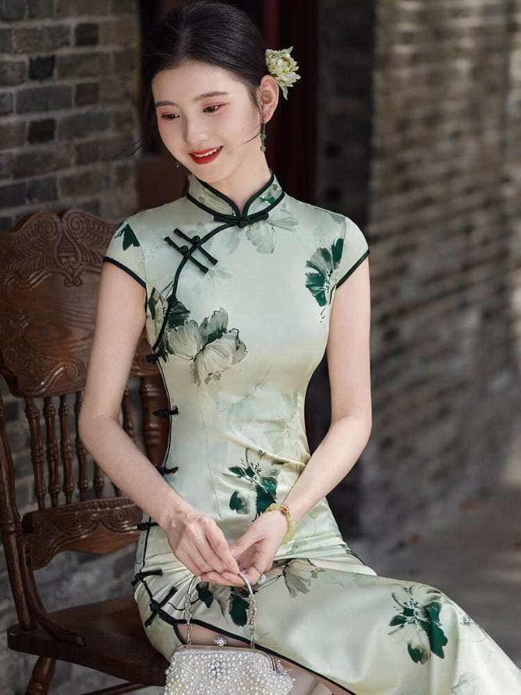 Beth and Brian Qipao-XLY Ink‑Green Floral Print, High end 19 Mome Mulberry Silk Cheongsam