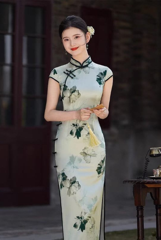 Beth and Brian Qipao-XLY Ink‑Green Floral Print, High end 19 Mome Mulberry Silk Cheongsam