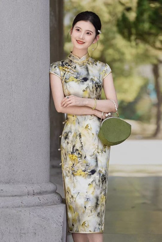 Beth and Brian Qipao-XLY Anna Ink‑Wash Landscape Pattern, High End 19 Mome Mulberry Silk Midi Cheongsam