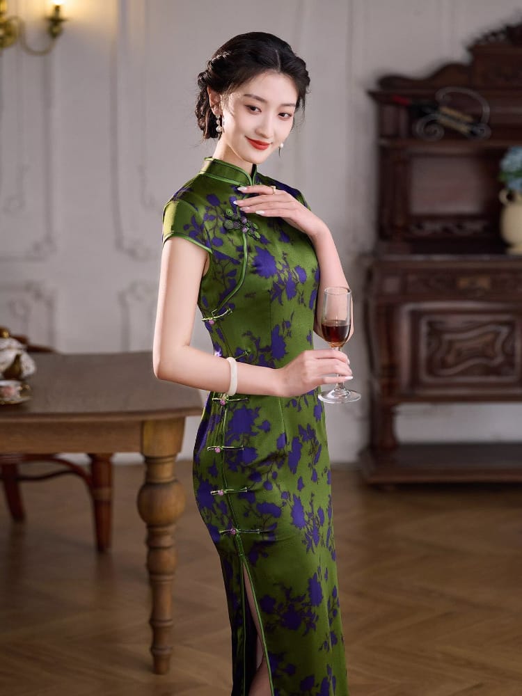 Beth and Brian Qipao-XLY Thea Green-Purple Floral 19 Mome Mulberry Silk High End Long Cheongsam