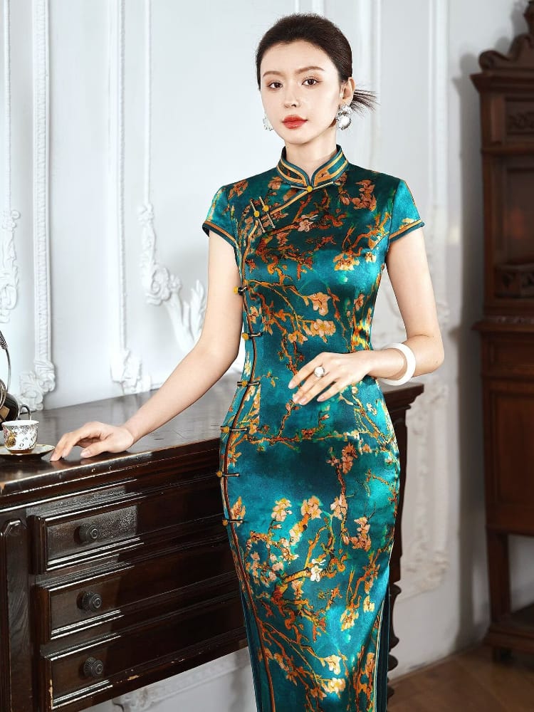 Beth and Brian Qipao-XLY Freya Teal Plum‑Blossom, 19 Mome Mulberry Silk High End Long Cheongsam