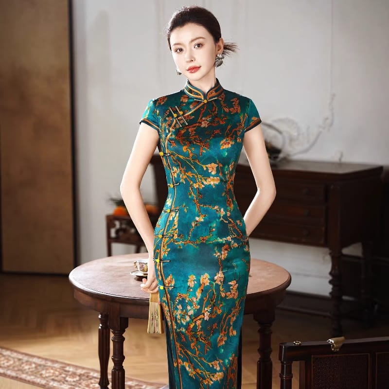Beth and Brian Qipao-XLY Freya Teal Plum‑Blossom, 19 Mome Mulberry Silk High End Long Cheongsam