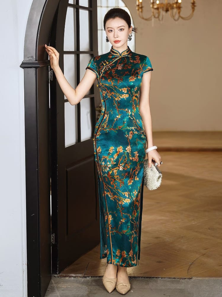 Beth and Brian Qipao-XLY Freya Teal Plum‑Blossom, 19 Mome Mulberry Silk High End Long Cheongsam