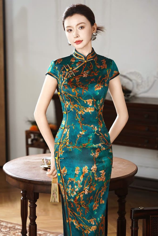 Beth and Brian Qipao-XLY Freya Teal Plum‑Blossom, 19 Mome Mulberry Silk High End Long Cheongsam