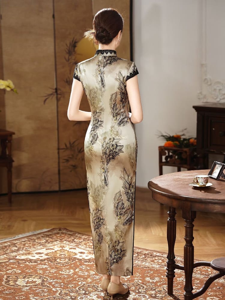 Beth and Brian Qipao-XLY Iris Golden‑Leaf Lace Trim, 19 Mome Mulberry Silk High end Long Cheongsam
