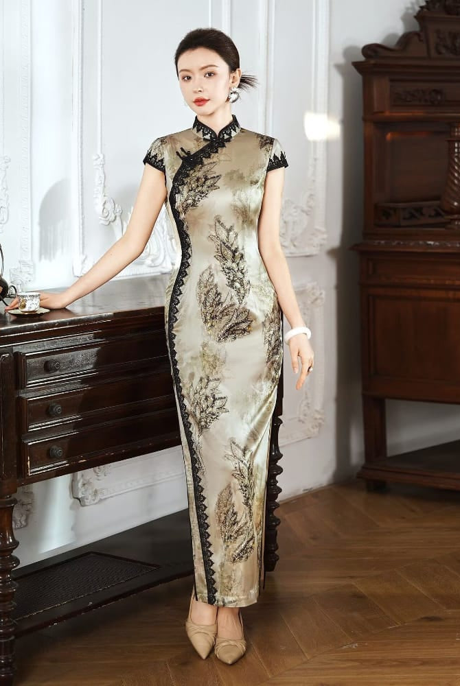 Beth and Brian Qipao-XLY Iris Golden‑Leaf Lace Trim, 19 Mome Mulberry Silk High end Long Cheongsam
