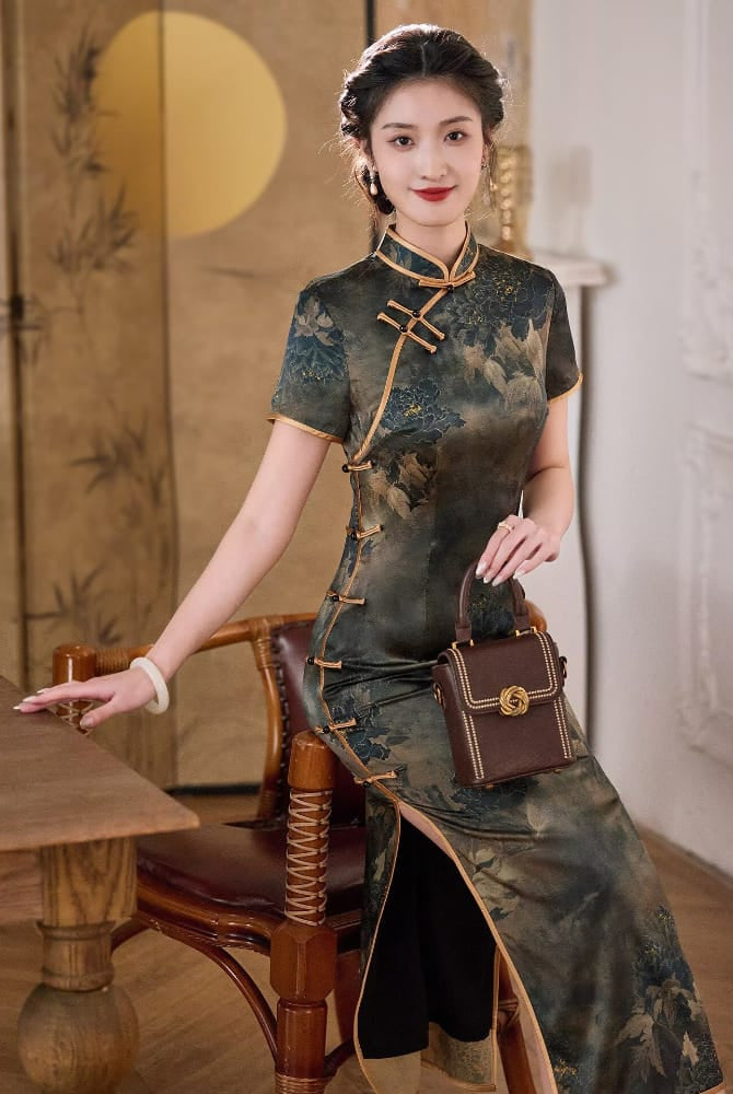 Beth and Brian Qipao-XLY Vivian Dark Peony Pattern, High end, 19 Mome Mulberry Silk Long Cheongsam