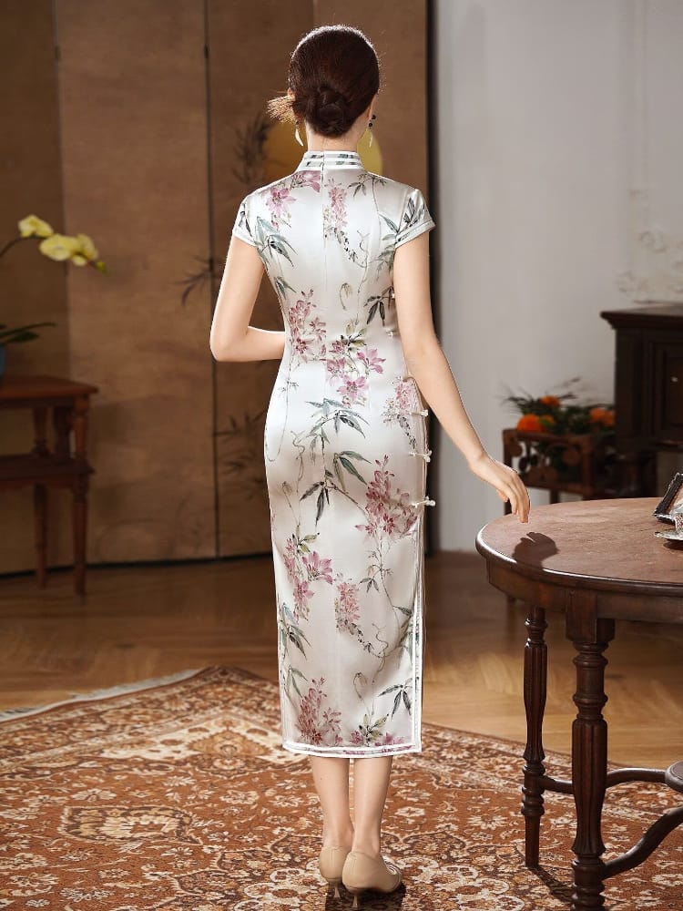 Beth and Brian Qipao-XLY Hazel Bamboo Floral Print, 19 Mome Mulberry Silk, High end Midi‑Length Cheongsam