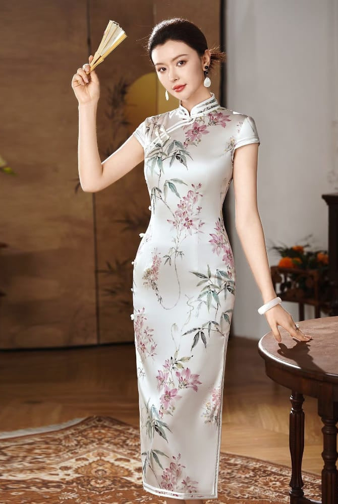 Beth and Brian Qipao-XLY Hazel Bamboo Floral Print, 19 Mome Mulberry Silk, High end Midi‑Length Cheongsam
