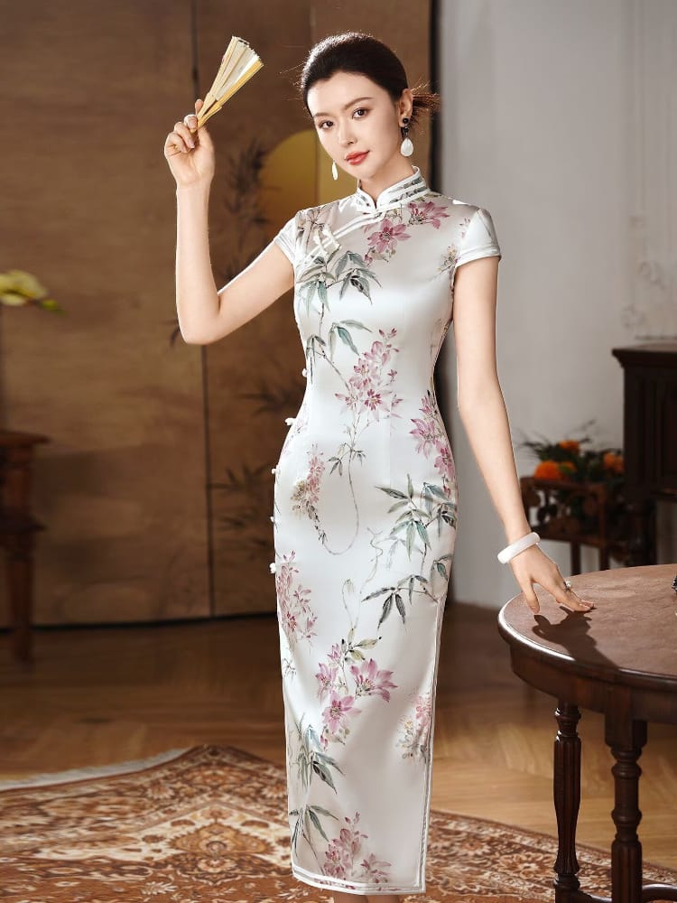 Beth and Brian Qipao-XLY Hazel Bamboo Floral Print, 19 Mome Mulberry Silk, High end Midi‑Length Cheongsam