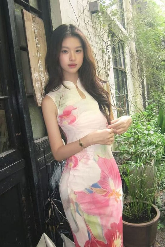 Beth and Brian qipao-DAF Mia Watercolor Floral Long Cheongsam