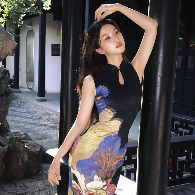 Beth and Brian qipao-DAF Mia Watercolor Floral Long Cheongsam