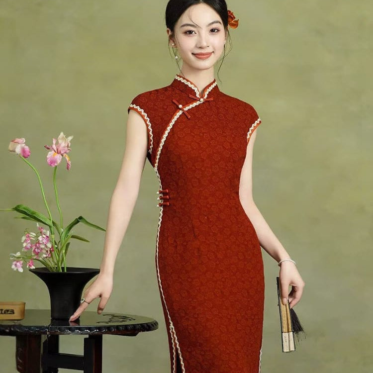 Beth and Brian Qipao-XL Lydia Solid Jacquard Silk Midi Cheongsam
