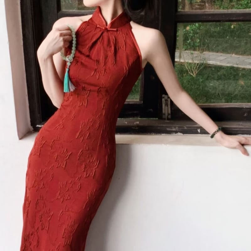Beth and Brian qipao-DAF Zoe Jacquard Halter Red Midi Qipao with Knit Fringe Shawl Set