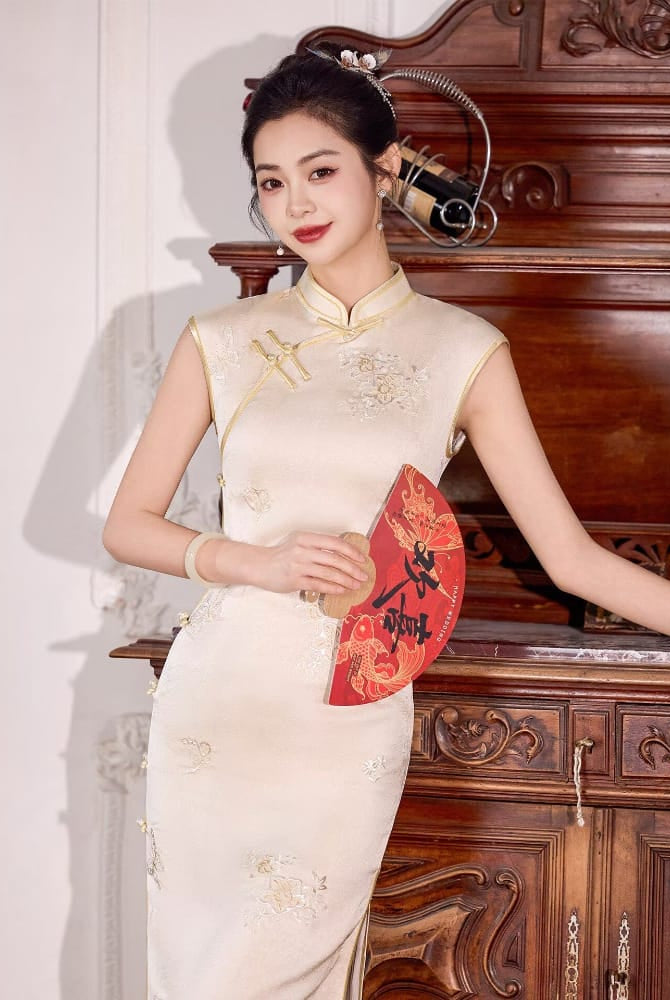 Beth and Brian Qipao-XLY Mia Beige Floral Embroidery, Acetate Long Cheongsam