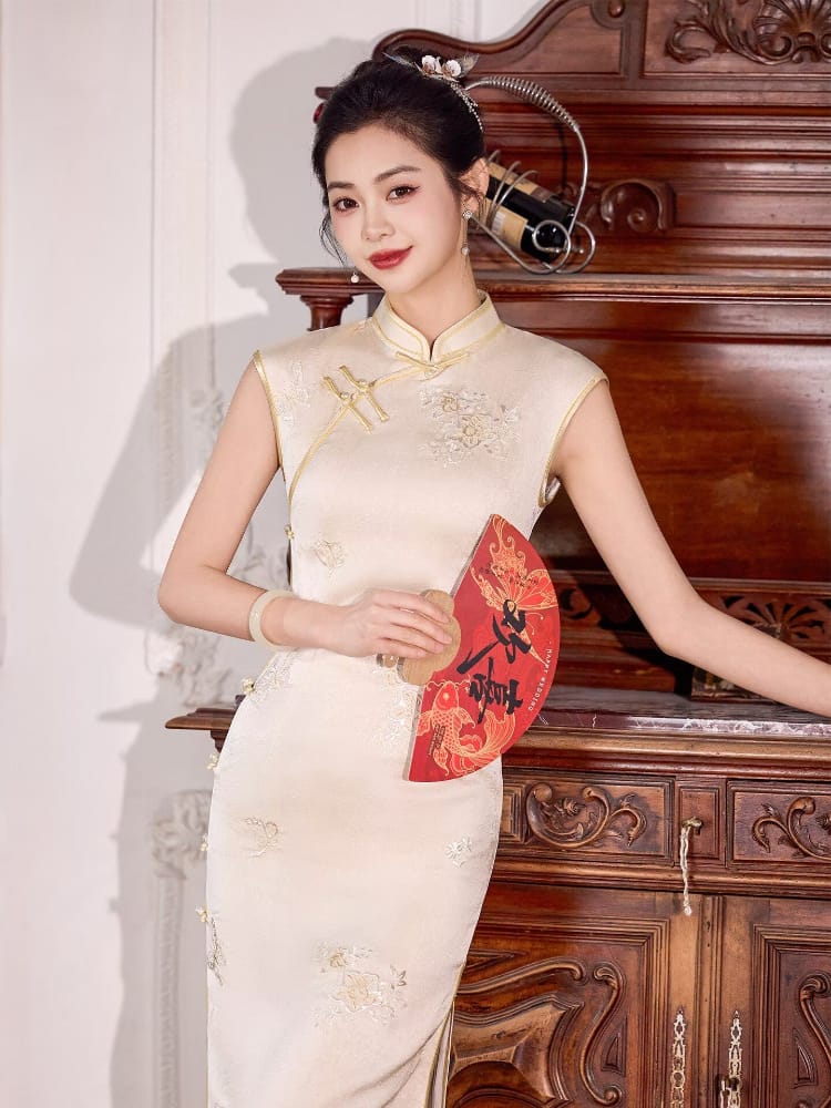 Beth and Brian Qipao-XLY Mia Beige Floral Embroidery, Acetate Long Cheongsam