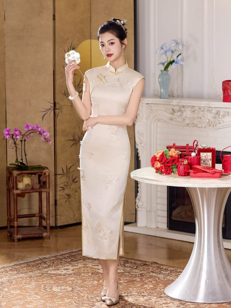 Beth and Brian Qipao-XLY Mia Beige Floral Embroidery, Acetate Long Cheongsam