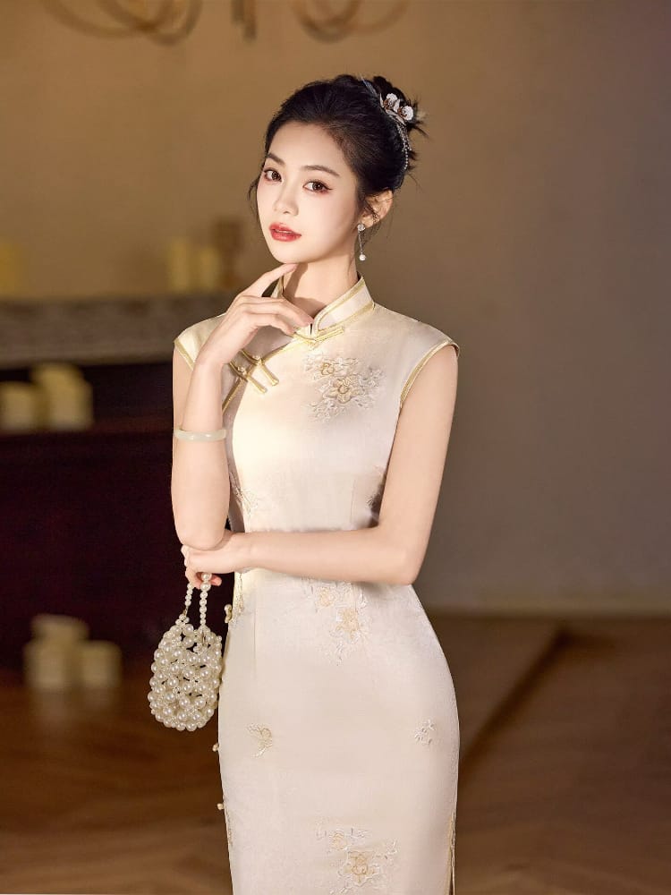 Beth and Brian Qipao-XLY Mia Beige Floral Embroidery, Acetate Long Cheongsam