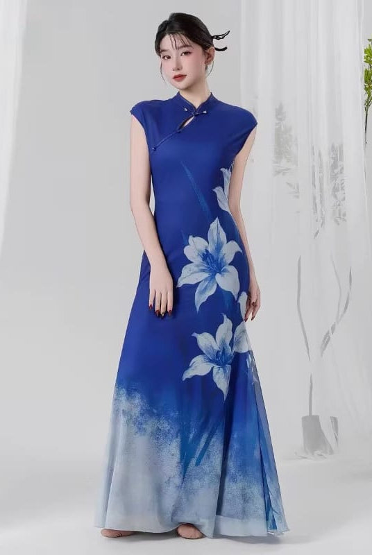 Beth and Brian qipao-QC Chloe Royal Blue Lily Mermaid Long Qipao Dance Dress