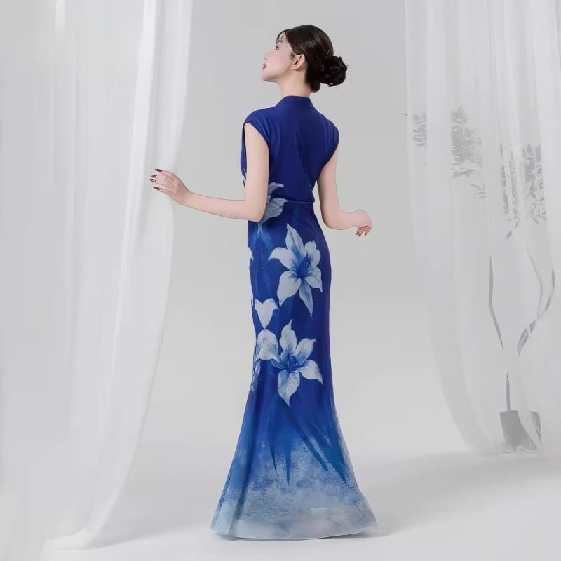 Beth and Brian qipao-QC Chloe Royal Blue Lily Mermaid Long Qipao Dance Dress