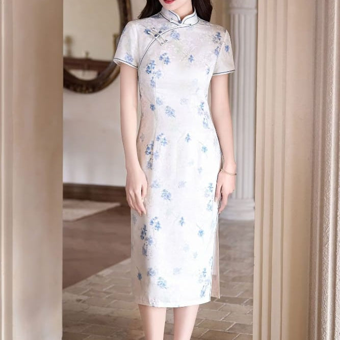 Beth and Brian Qipao-MYJ Iris Ink Bamboo & Floral Print Midi Cheongsam