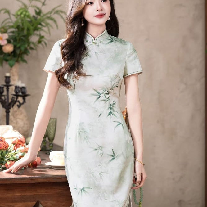 Beth and Brian Qipao-MYJ Iris Ink Bamboo & Floral Print Midi Cheongsam