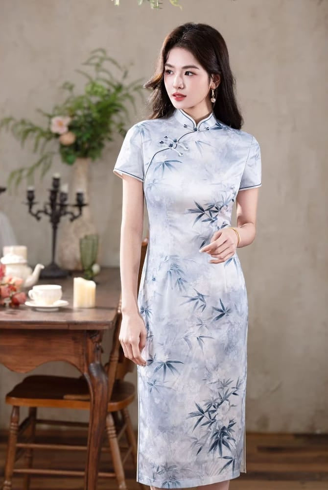 Beth and Brian Qipao-MYJ Iris Ink Bamboo & Floral Print Midi Cheongsam