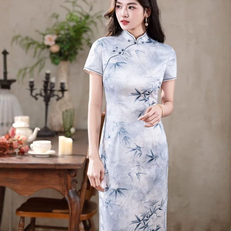 Beth and Brian Qipao-MYJ Iris Ink Bamboo & Floral Print Midi Cheongsam