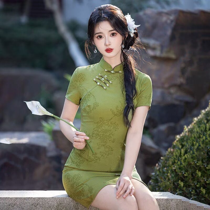 Beth and Brian Qipao-MLS Lila Floral Jacquard Cotton Short Qipao Mini Dress