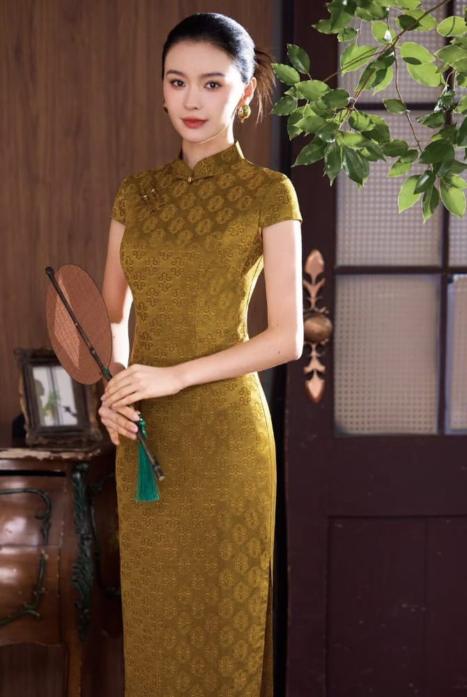 Beth and Brian Qipao-XLY Clara Vintage Geometric Jacquard Satin Long Qipao Dress