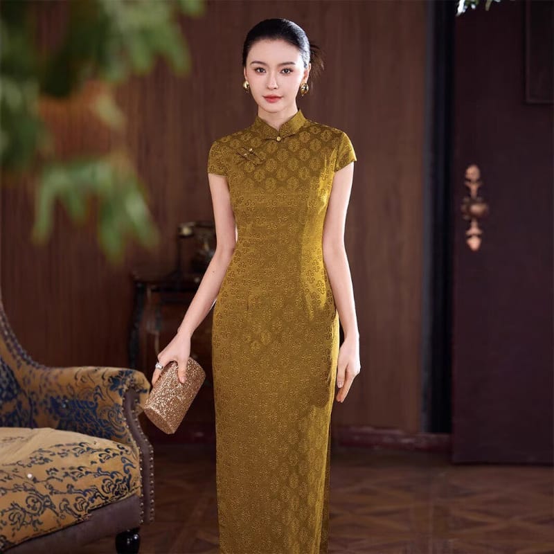 Beth and Brian Qipao-XLY Clara Vintage Geometric Jacquard Satin Long Qipao Dress