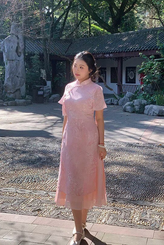 Beth and Brian qipao-NX Chloe Ink Orchid Print Plus Size Midi Ao Dai Qipao Dress