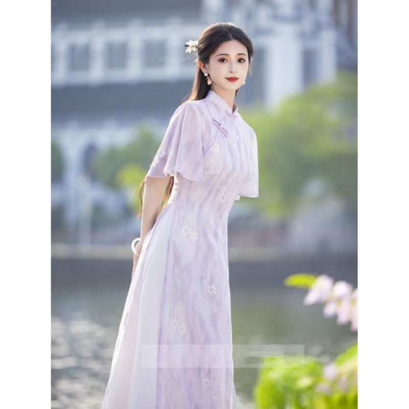 Beth and Brian qipao-DAF Lynn Watercolor Daisy Print Midi Ao Dai