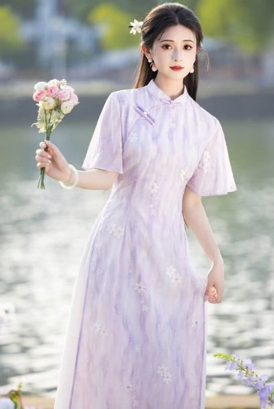 Beth and Brian qipao-DAF Lynn Watercolor Daisy Print Midi Ao Dai