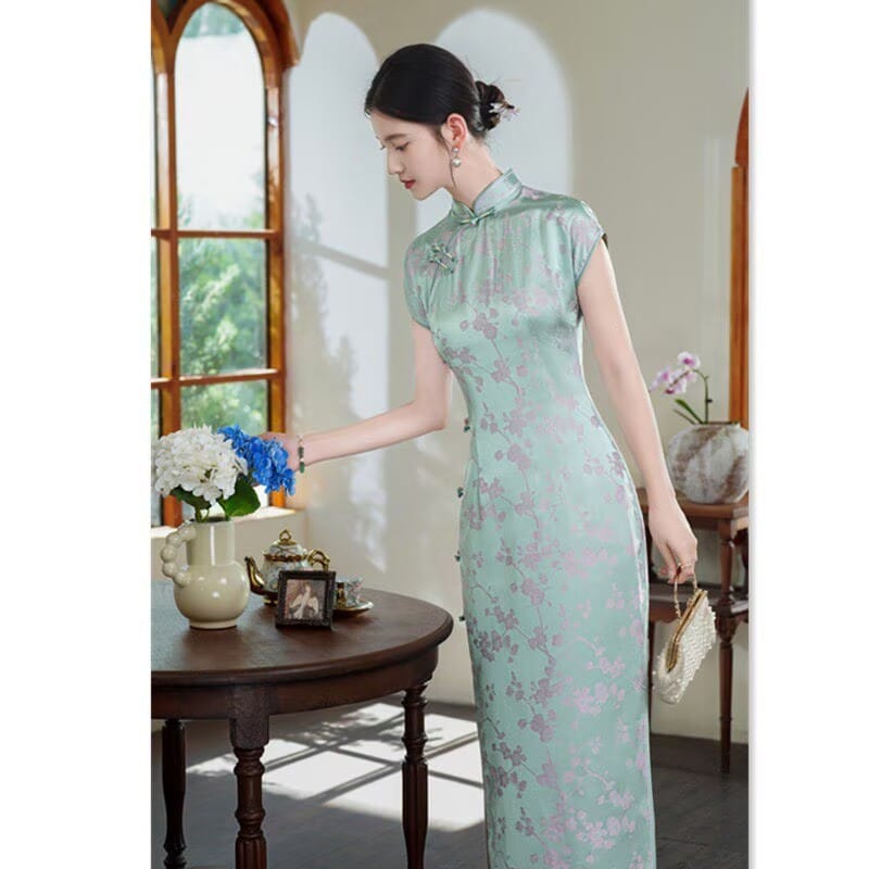 Beth and Brian qipao-XQ Elena Plum Blossom Print Rayon Long Maxi Qipao Dress