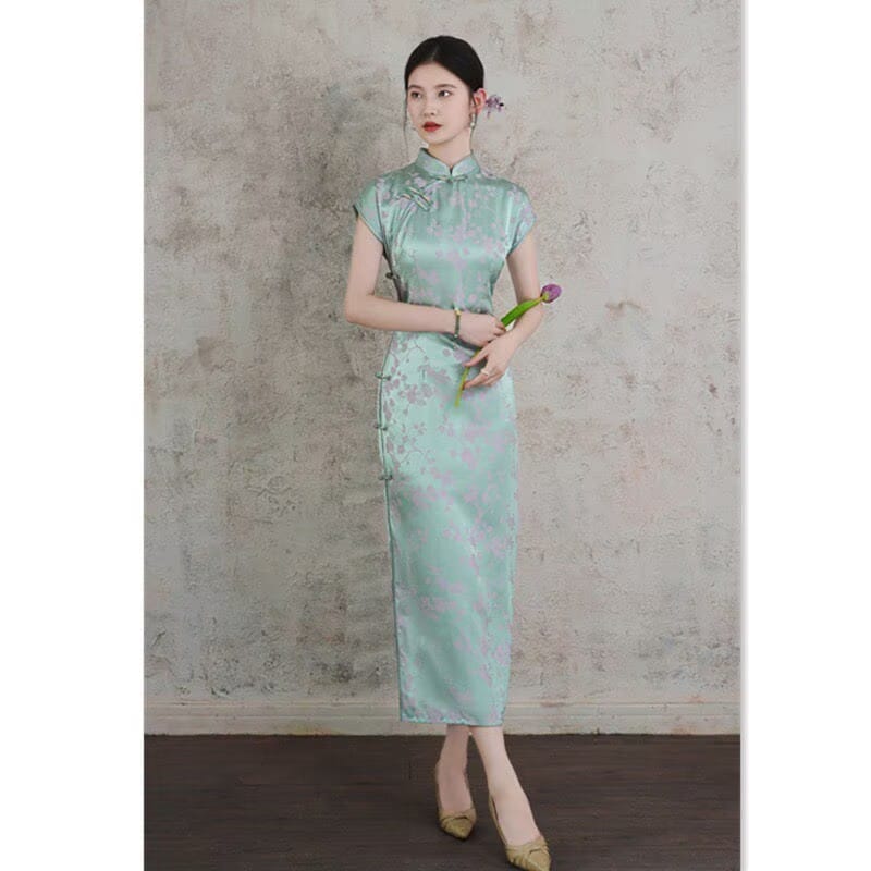 Beth and Brian qipao-XQ Elena Plum Blossom Print Rayon Long Maxi Qipao Dress