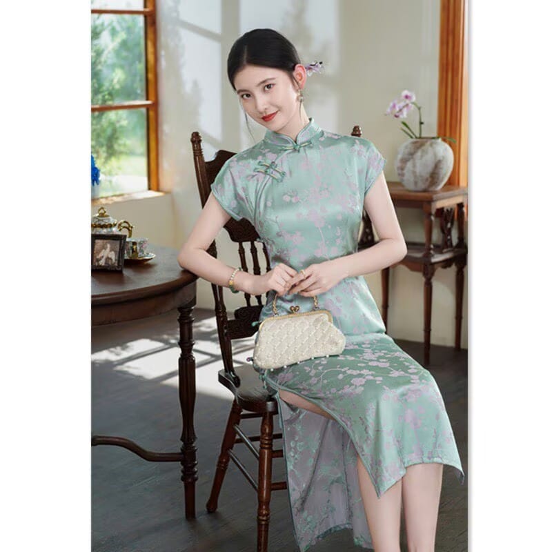 Beth and Brian qipao-XQ Elena Plum Blossom Print Rayon Long Maxi Qipao Dress
