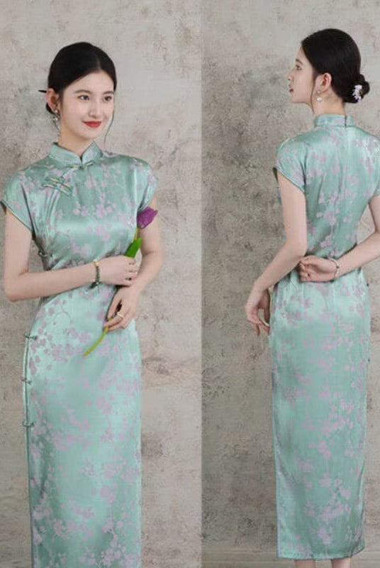 Beth and Brian qipao-XQ Elena Plum Blossom Print Rayon Long Maxi Qipao Dress