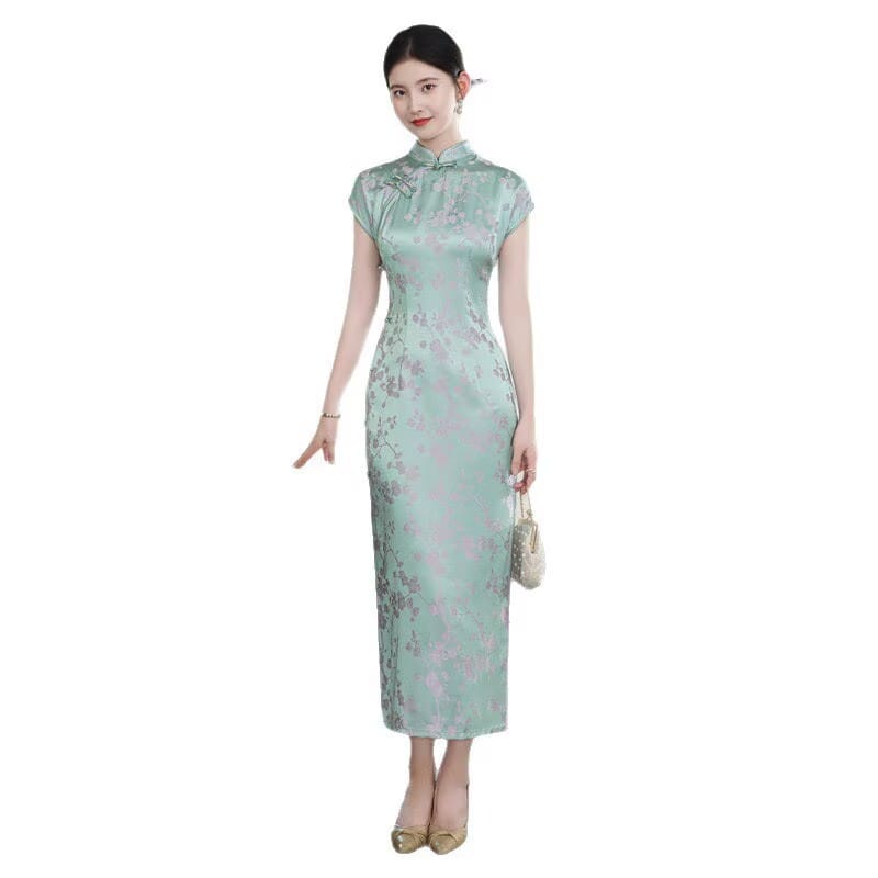 Beth and Brian qipao-XQ Elena Plum Blossom Print Rayon Long Maxi Qipao Dress