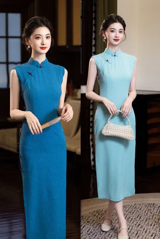 Beth and Brian qipao-XQ Bonnie Solid Tiny Polkadot Long Cheongsam
