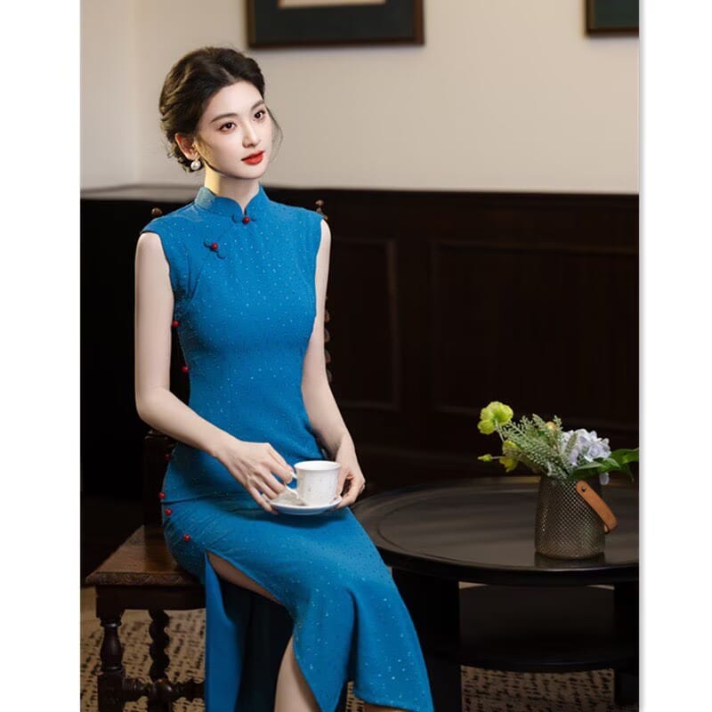 Beth and Brian qipao-XQ Bonnie Solid Tiny Polkadot Long Cheongsam