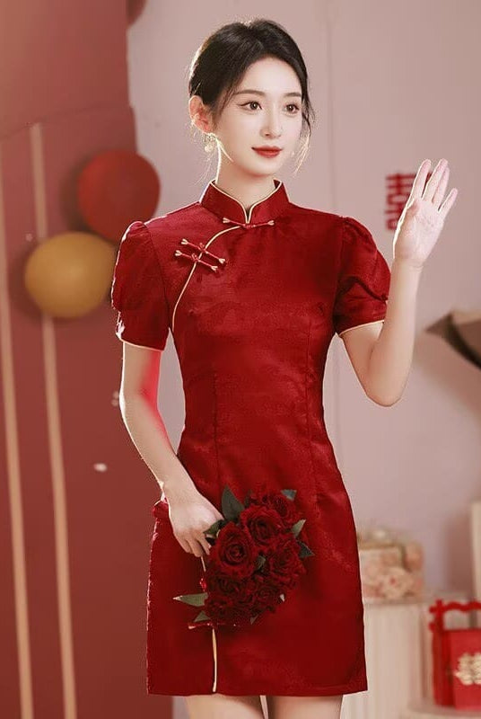 Beth and Brian qipao-DAF Stella Red Jacquard Mini Wedding Qipao Dress