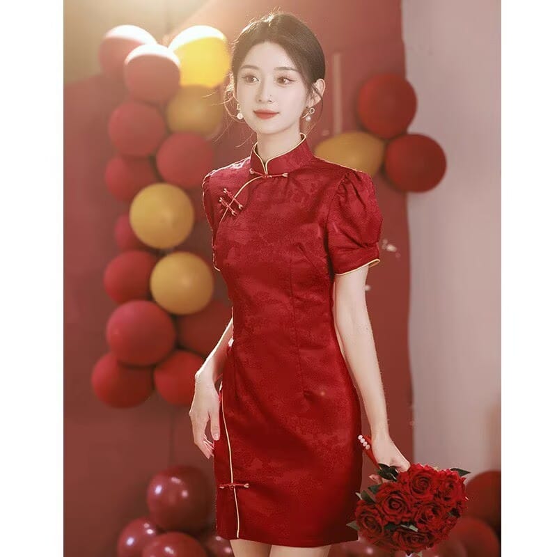 Beth and Brian qipao-DAF Stella Red Jacquard Mini Wedding Qipao Dress