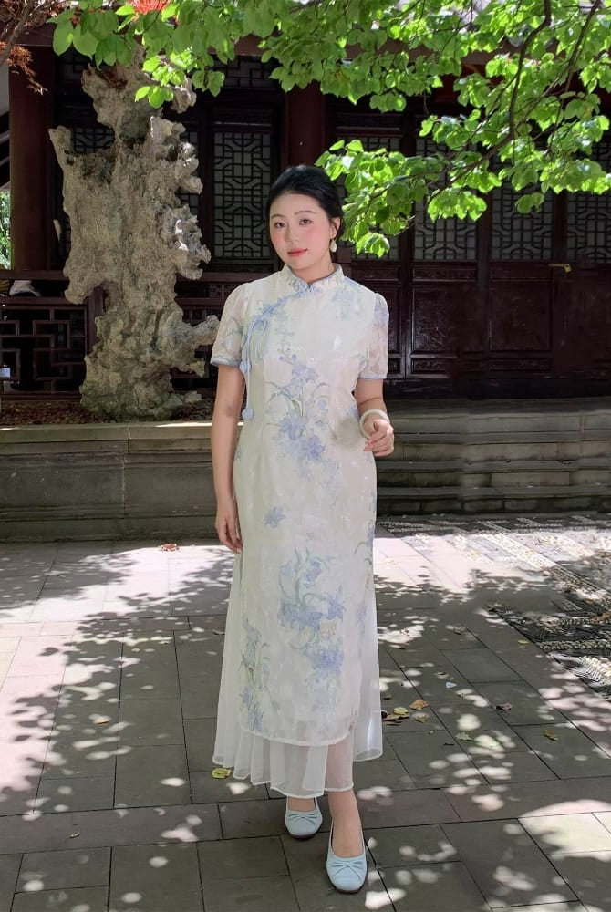 Beth and Brian qipao-NX Mia Light Blue Floral Print Long Plus Size Cheongsam Dress