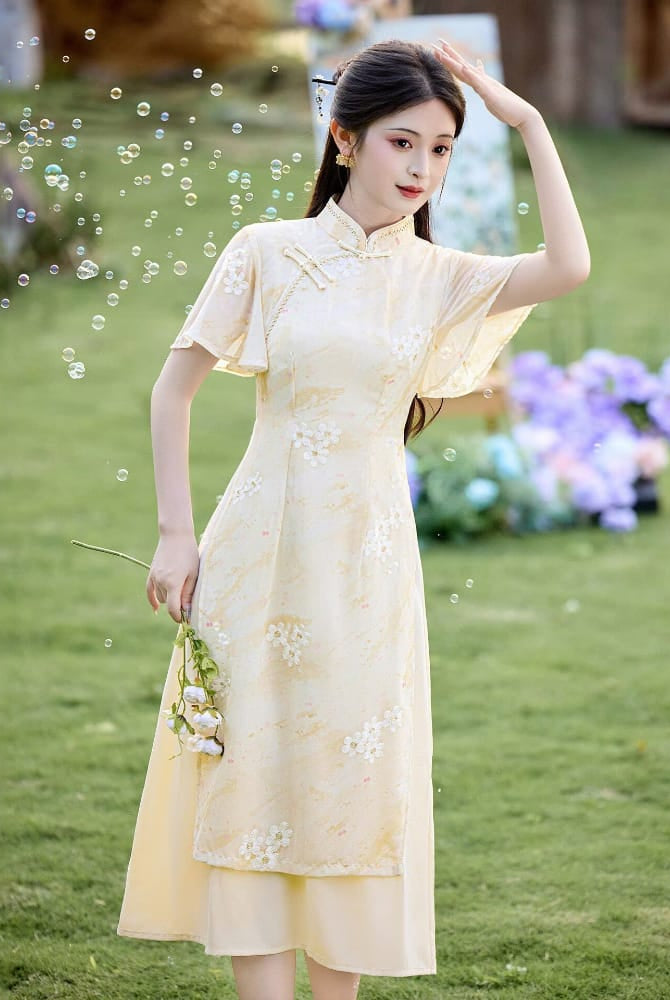 Beth and Brian Qipao-LSB Chloe Pale Yellow Watercolor Floral Mid-Length Ao Dai Cheongsam Dress